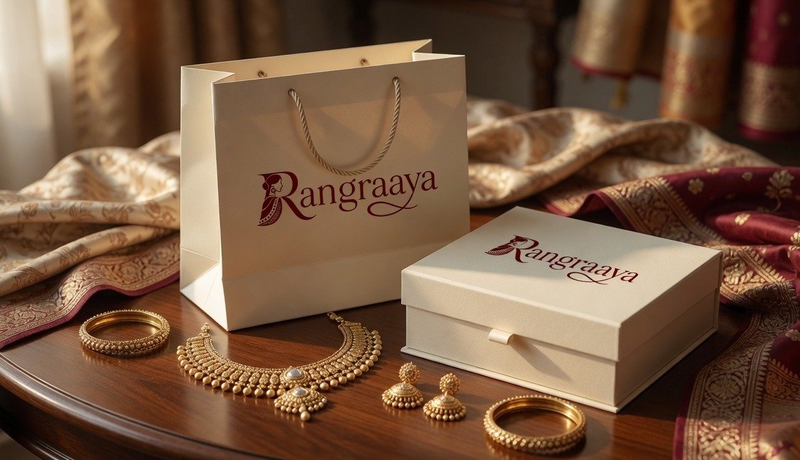 Hand-embellished Rangraaya couture - draped silhouette and warm studio light